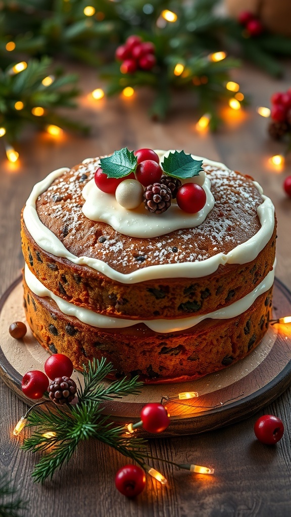 A festive Christmas fruit cake decorated with icing and holly, surrounded by holiday decorations.
